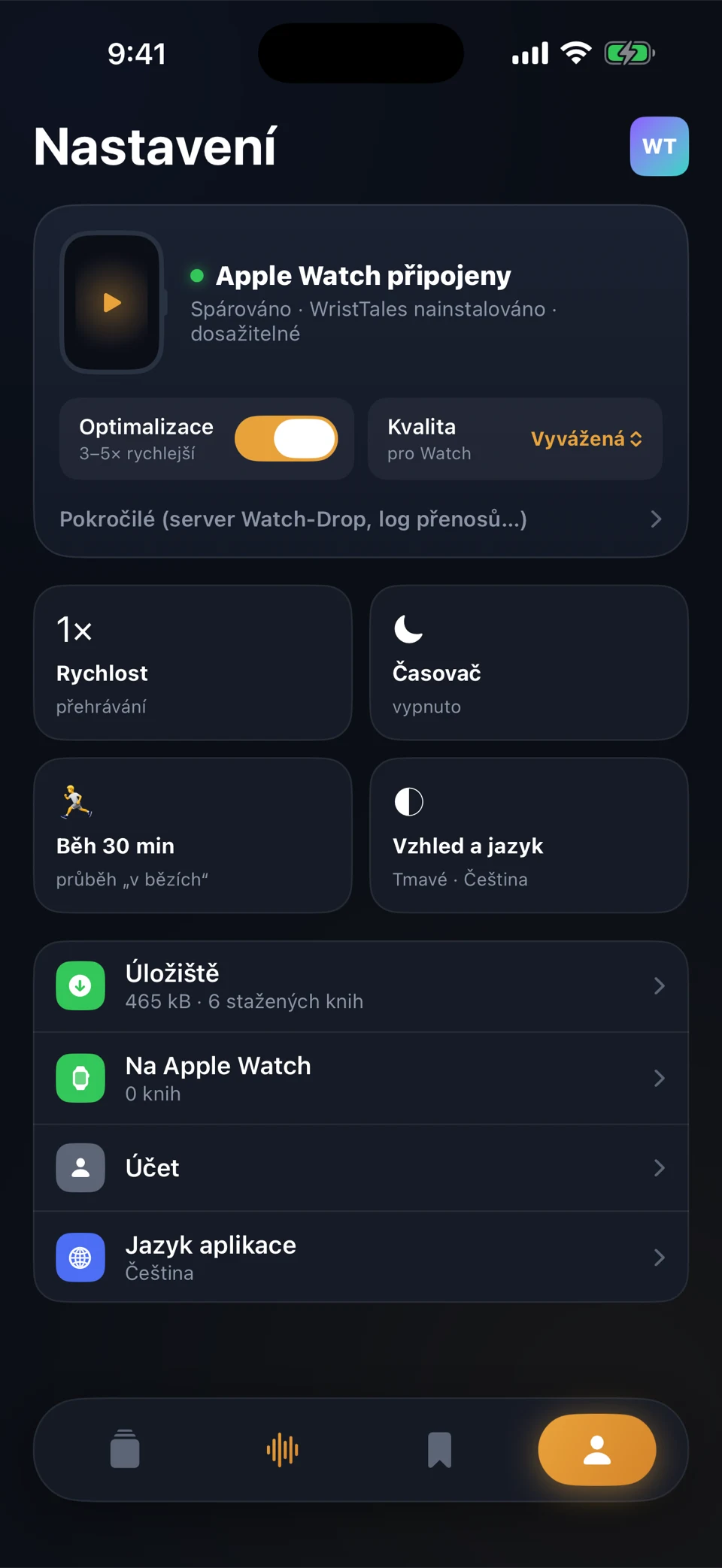 Obrazovka Nastavení v aplikaci WristTales