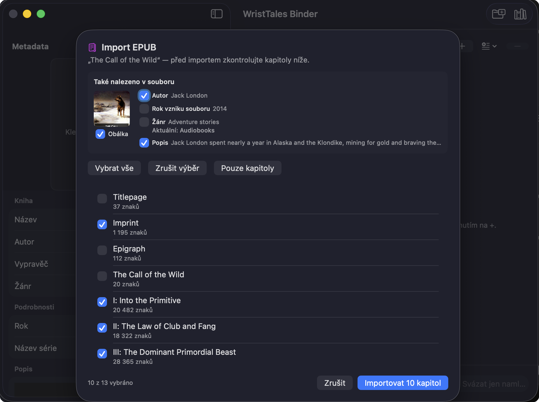 Dialog „Import EPUB“ ve WristTales Binderu: sekce „Také nalezeno v souboru“ s obálkou, autorem, rokem, žánrem a popisem, pod ní zaškrtávací seznam nalezených kapitol.